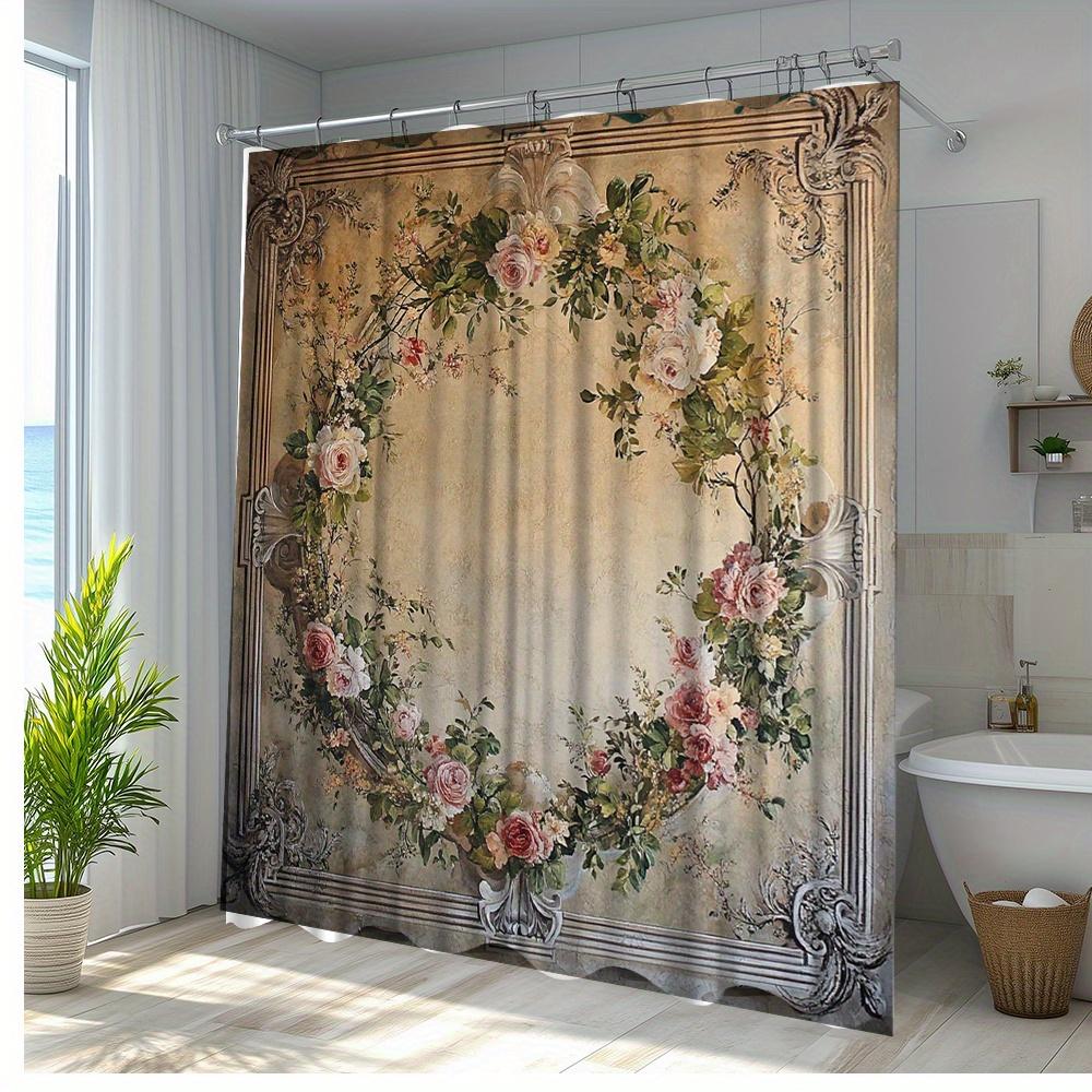 

Vintage Floral Wreath Shower Curtain-Polyester Fabric Bathroom Decoration With 12 Hooks, 70.8 X 70.8 Inches, Machine Washable W60H190(CM)-1 Pcs