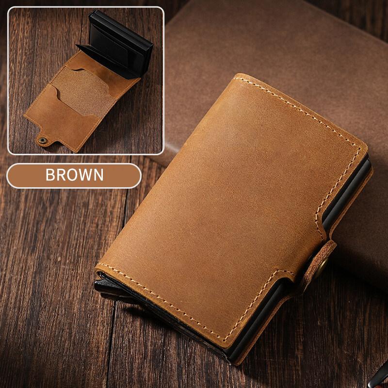 

Кожа Crazy Horse Двухслойный Алюминиевый Картхолдер Кнопка Выталкивания Снизу Картхолдер Мужской Автоматический Выдвижной Зажим для Карт Ретро Стиль коричневый