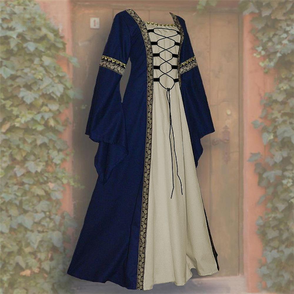 Abito Maxi da Donna a Maniche Lunghe con Scollo Quadrato, Vestibilità Aderente, Costume Storico Medievale Rinascimentale Vintage