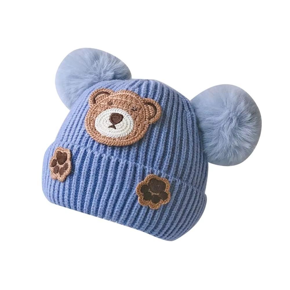 

Подвійна в язана шапка з помпоном, мультяшний ведмедик, зимова шапка, милі м які в язані гачком шапки, для малюка, дівчинки, хлопчика синій