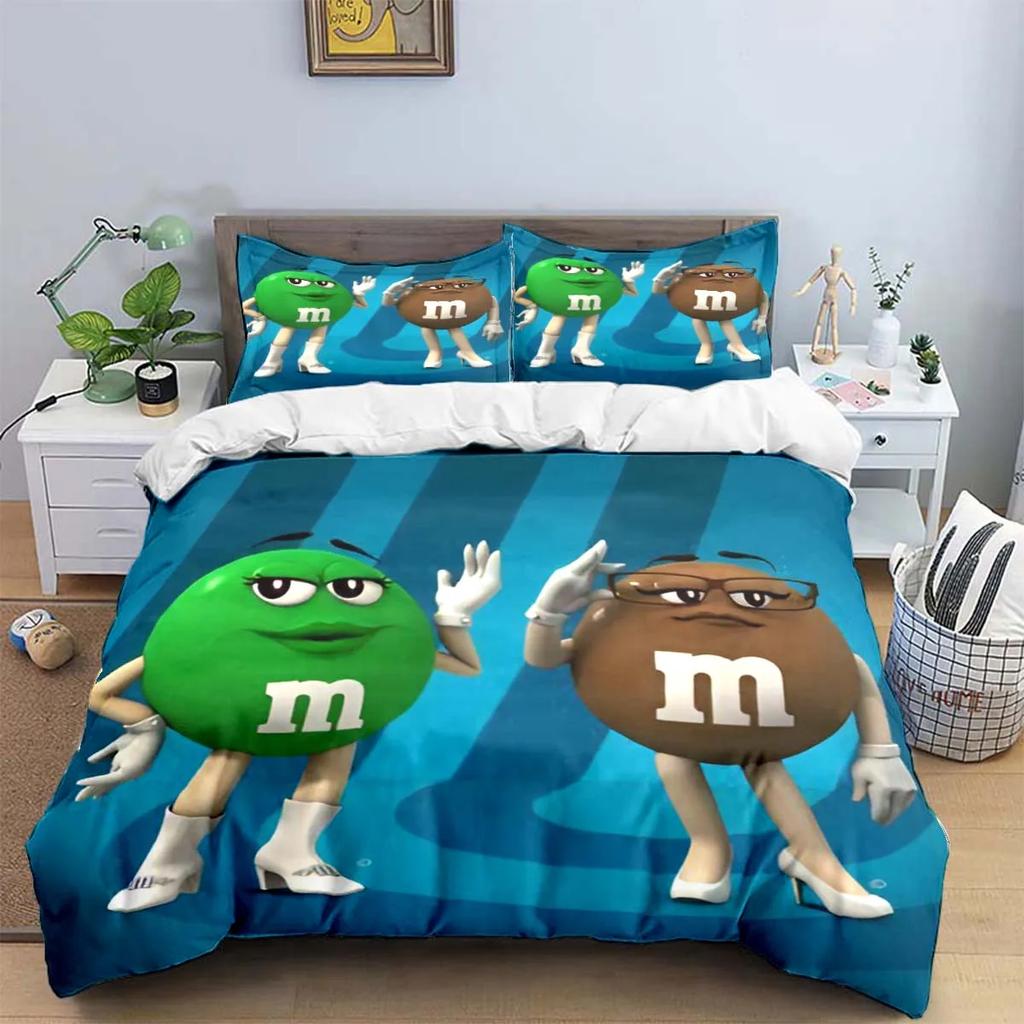 Set di biancheria da letto con stampa del logo del cioccolato M&M alla moda, set di biancheria da letto squisito, set copripiumino, set di piumoni, set di biancheria da letto, regalo per bambini