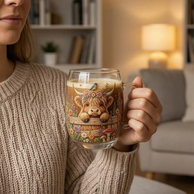 350ML Hand-painted Highland Cow Glass, Highland Cattle Coffee Mug with Handle, Heat-Resistant Tea Milk Water Drinking Cup