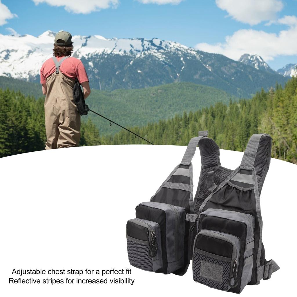 Strap Fishing Vest Fly Fishing Vest 8 Pockets Oxford Cloth Reflective Strips Mesh Lining Adjustable Fishing Gear for Outdoor Black