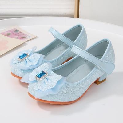 Girls' Elsa Crystal Princess Heels - Lace Bow Leather Shoes for Spring/Autumn