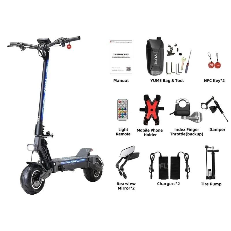 YUME HAWK Pro elektritõukeratas 10x4,5-tollised ilma sisekummita maanteerehvid 3000W * 2 mootor 60V 30Ah aku Maksimaalne kiirus 80 km/h Maksimaalne sõiduulatus 97 km
