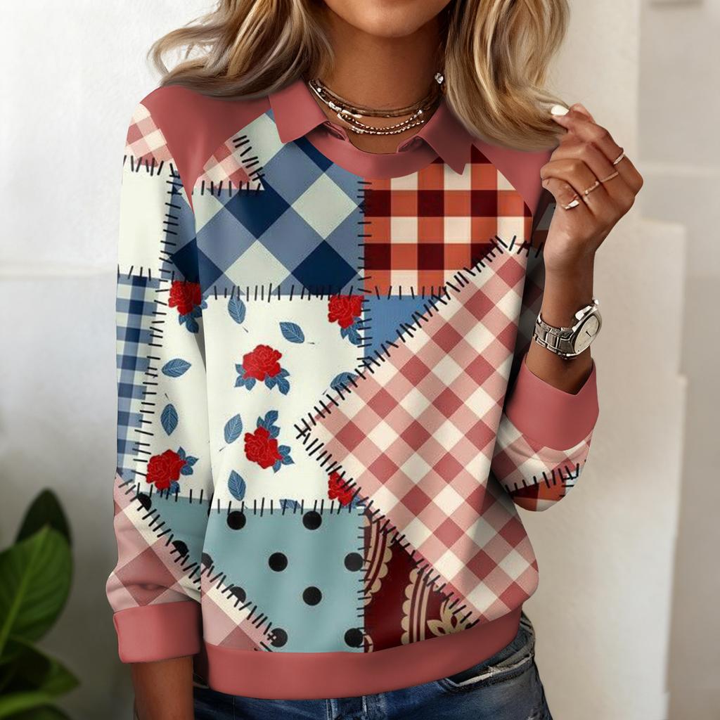 Ladies' Plaid Printed Casual Long Sleeved Sweatshirt Top