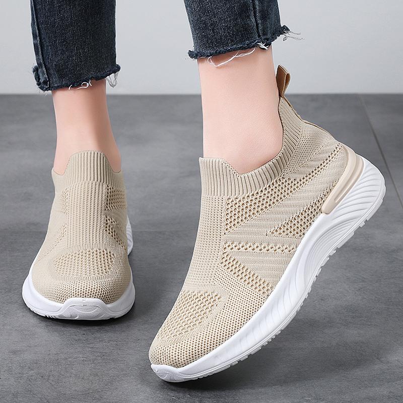 Breathable Mesh Women's Running Shoes Knitted Casual Sneakers Soft Walking Shoes Slip-on Flats Socks Shoes
