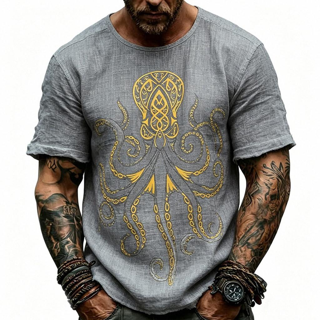 Men's Linen Short Sleeve T Shirt with Print Crew Neck Casual Loose Fit Lightweight Summer Top for Everyday Wear