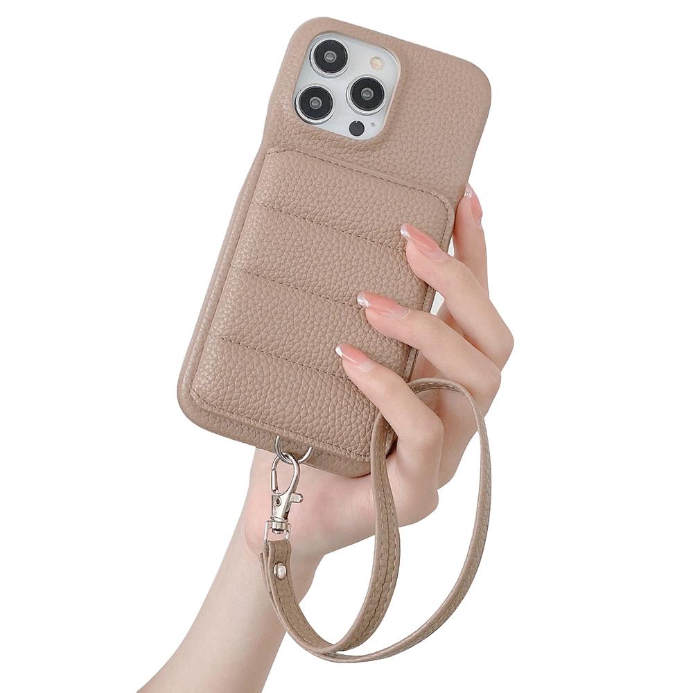 

For iPhone 16 Pro Max Case Card Slots Kickstand PU Leather+PET Phone Cover with Wrist Strap Light Brown