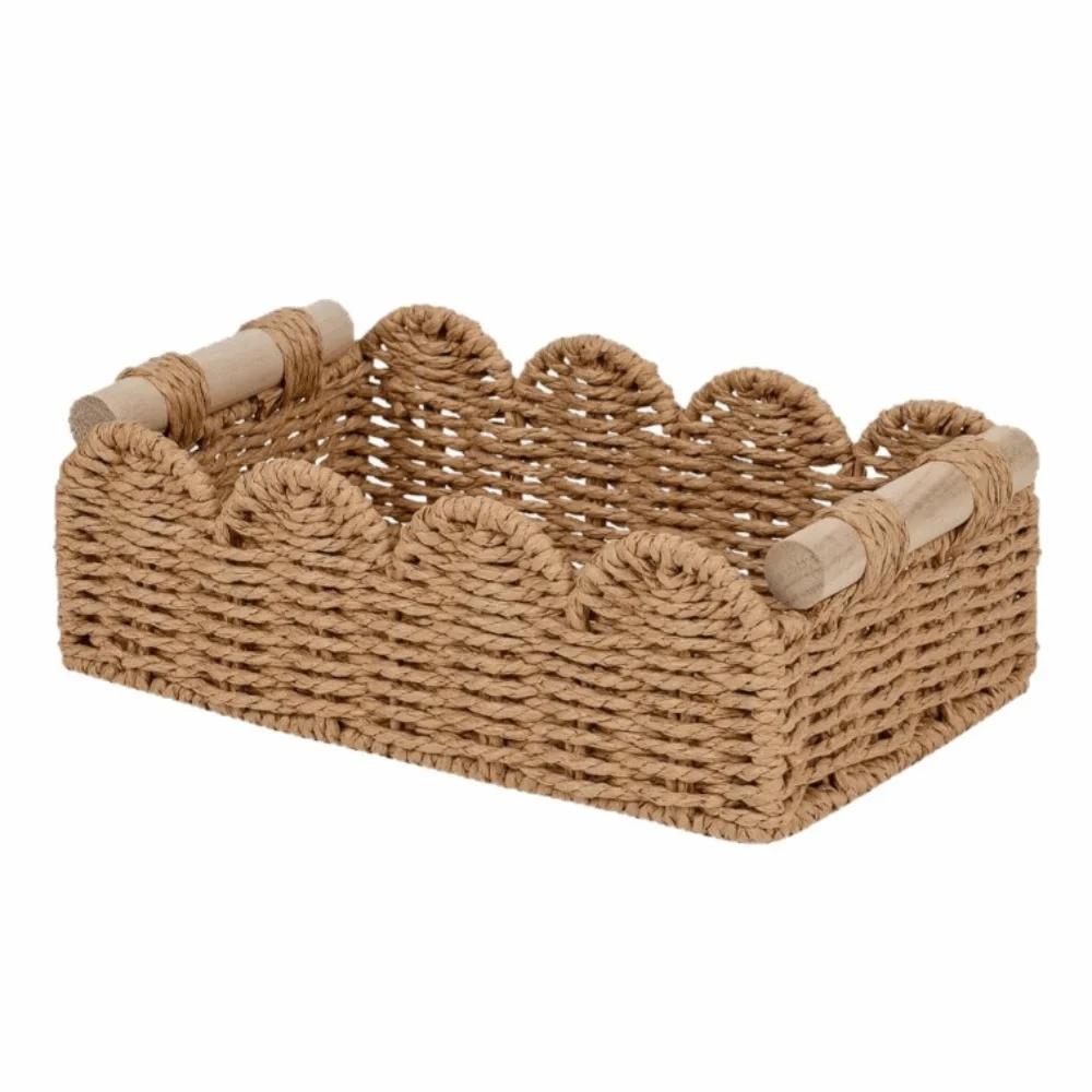 

Storage & Decor Scalloped Edge Paper Rope Basket Wooden Handles Neutral Color Decor Basket Storage Basket Home Decor