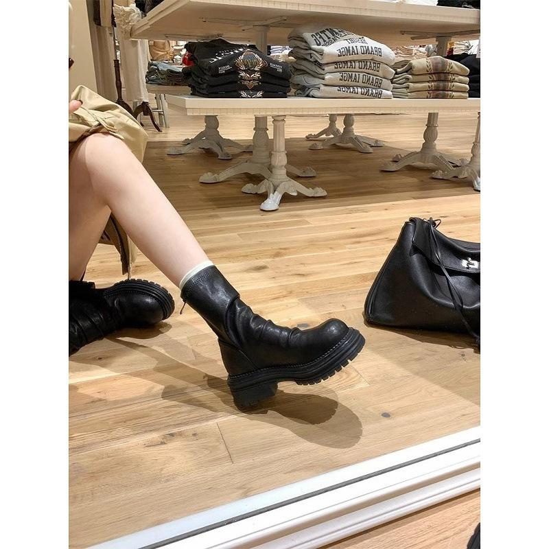 Round Head Pleated Thick Heel Elastic Stack Short Boots Women'S Autumn Versatile After Zipper Thin Boots