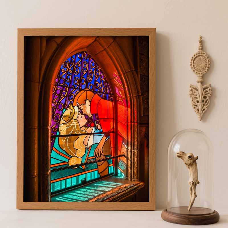 Disney Diamond Painting Kit Classic Stained Glass Style Home Decor Craft Perfect Gift Creative Diamond ArtAurora Prince Kiss Round 20x30cm
