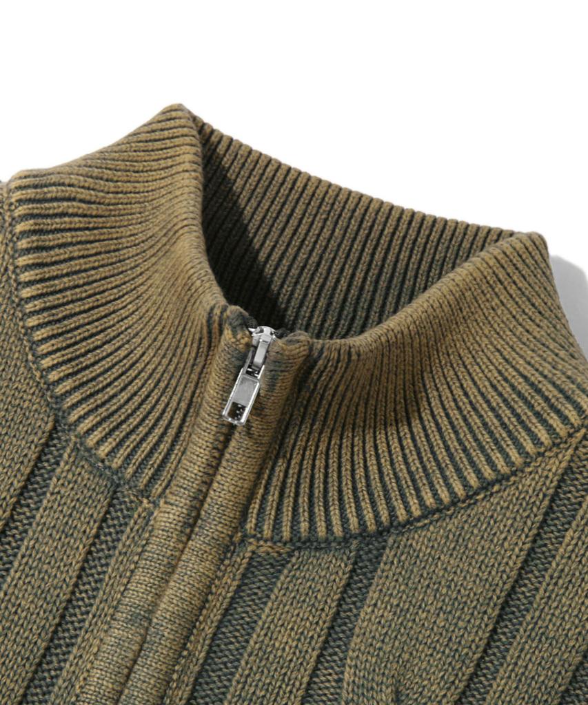 TRILLION Vintage Washed Cable 2-Way Zip-Up Knit (Beige Khaki)