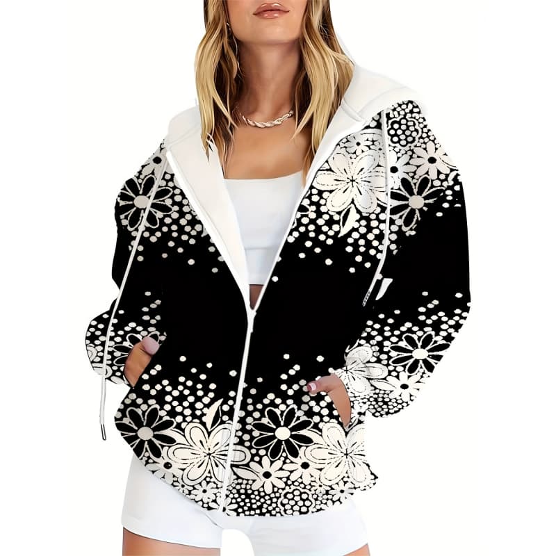 Women's 3D Printed Zipper Hooded Sweatshirt, Long Sleeves, Casual Sport Style