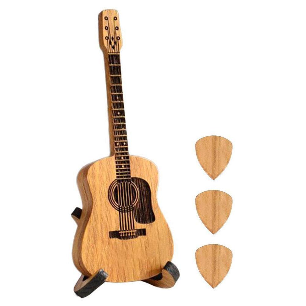 Wooden Acoustic Guitar Pick Box Guitar Pick Holder with Stand & 3 Picks Plectrum Container Guitar Pick Case Guitar Accessories