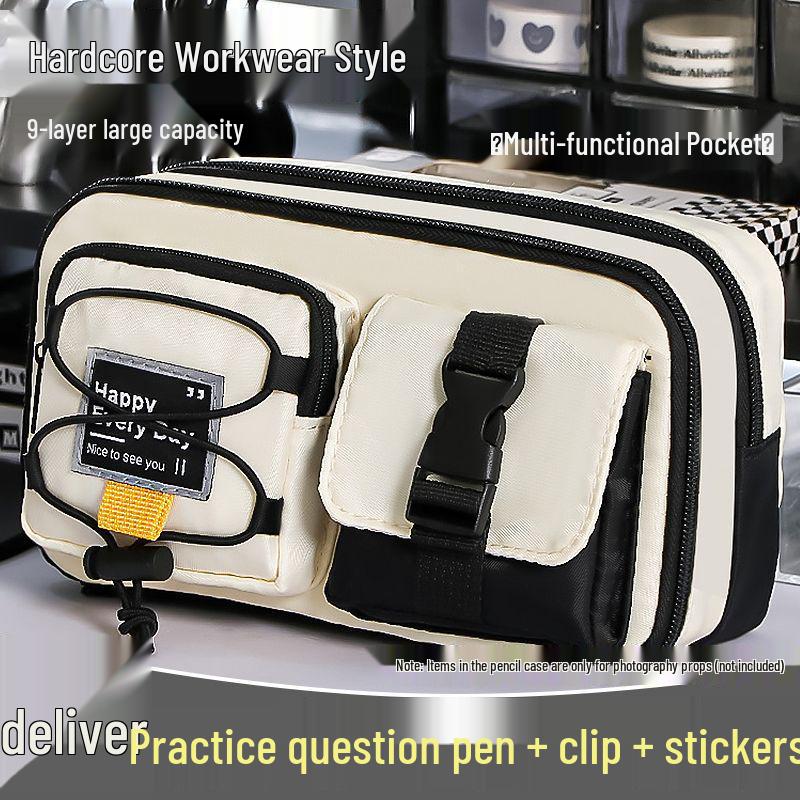 Hardcore Workwear Style Boys' Multifunctional Pencil Case - 2025 New Black Stationery Box for Junior High & High School