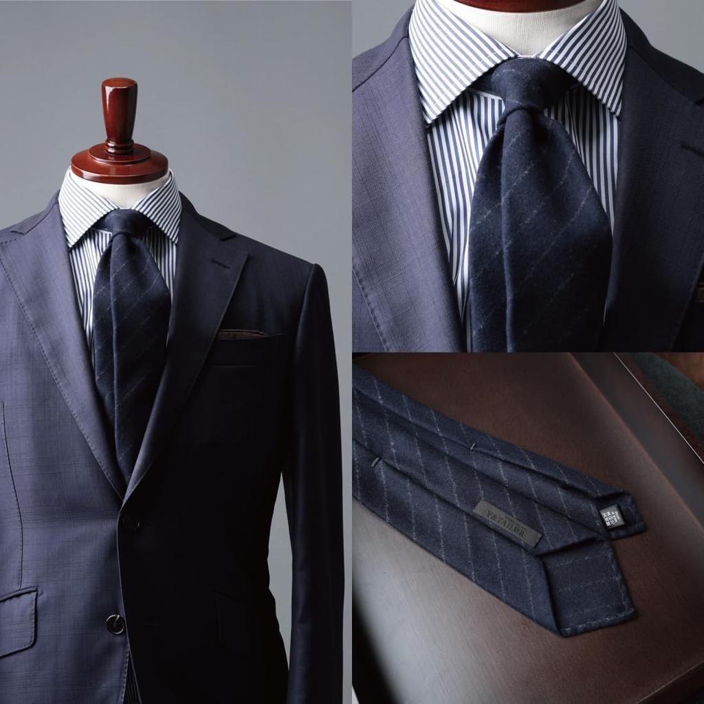 Quattro Pieghe FOX Brothers Y&TAILOR Tie, Three-Wrap Hand-Rolled Wool, Y&TAILOR (Striped Navy)