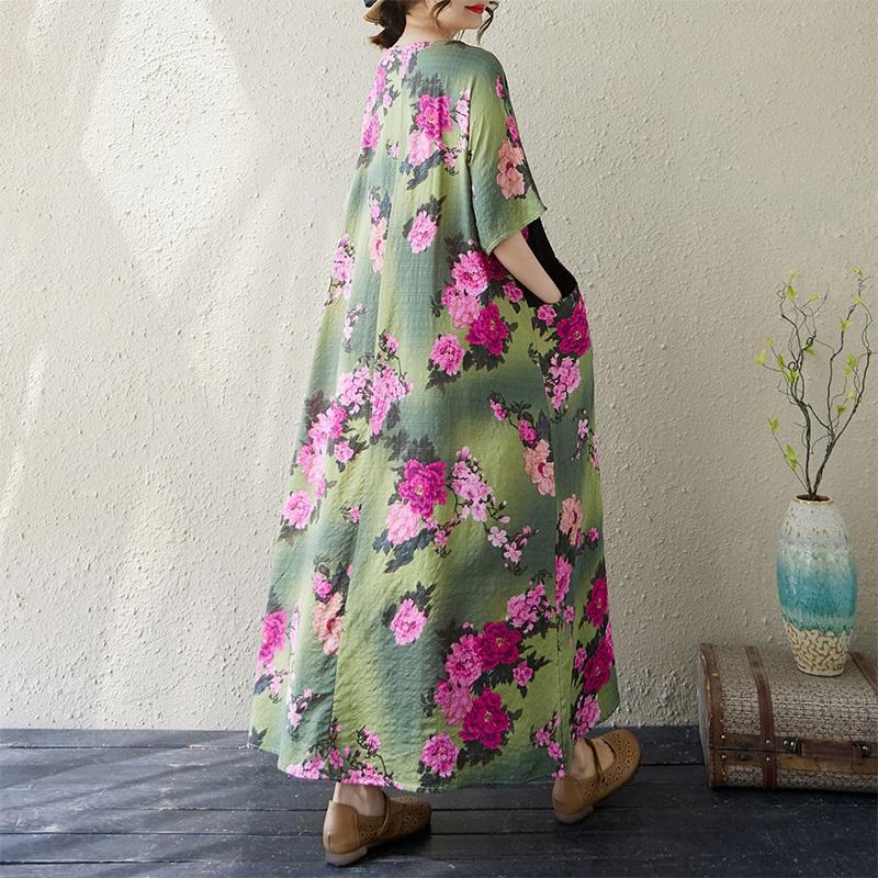 Kort ermet Pluss størrelse Bomull vintage blomstret Prikket ny i kjoler for kvinner avslappet løs lang sommerkjole