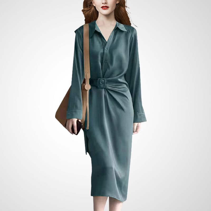 

Women s Chic Waist-Tight Autumn Long Sleeve Elegant Dress Blue-Green- S