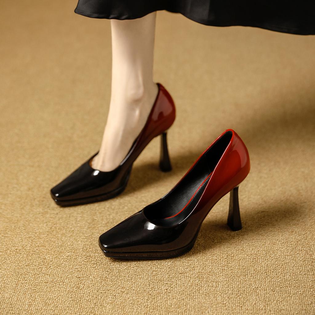 European and American banquet waterproof table high heels 2026 spring and autumn patent leather color matching square head thin heel light mouth