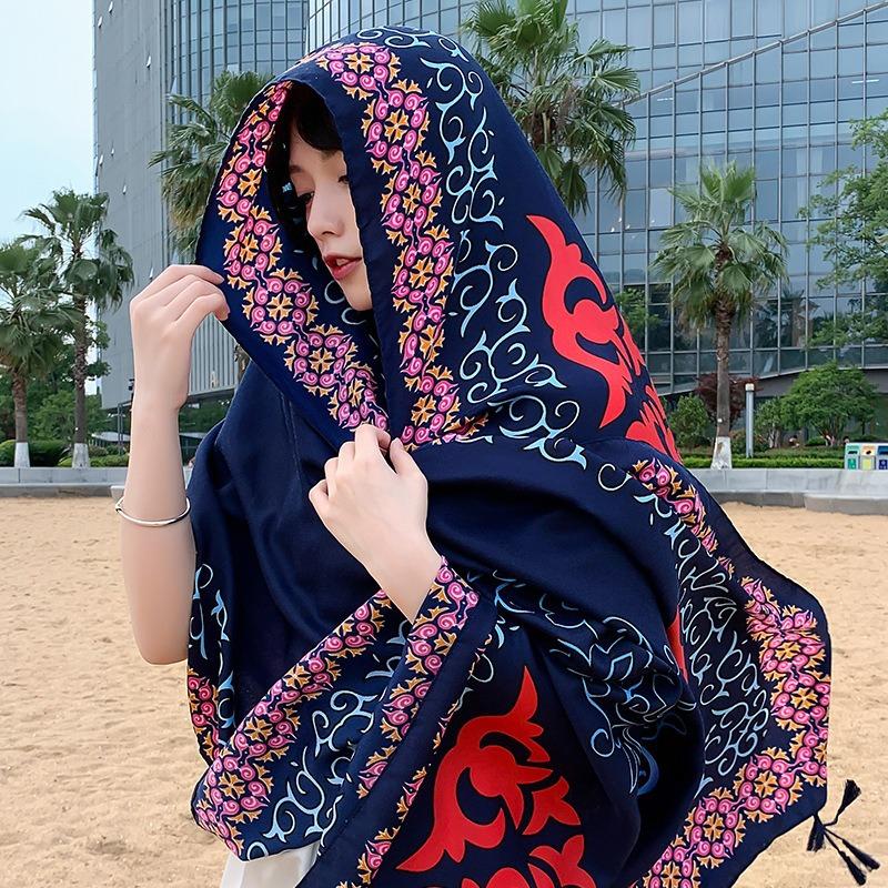 180Cmflower Printed Silk Scarf Ethnic-Style Twill Cotton Scarf Multi-Functional Travel Sun Protection Shawl Women'S Headscarf
