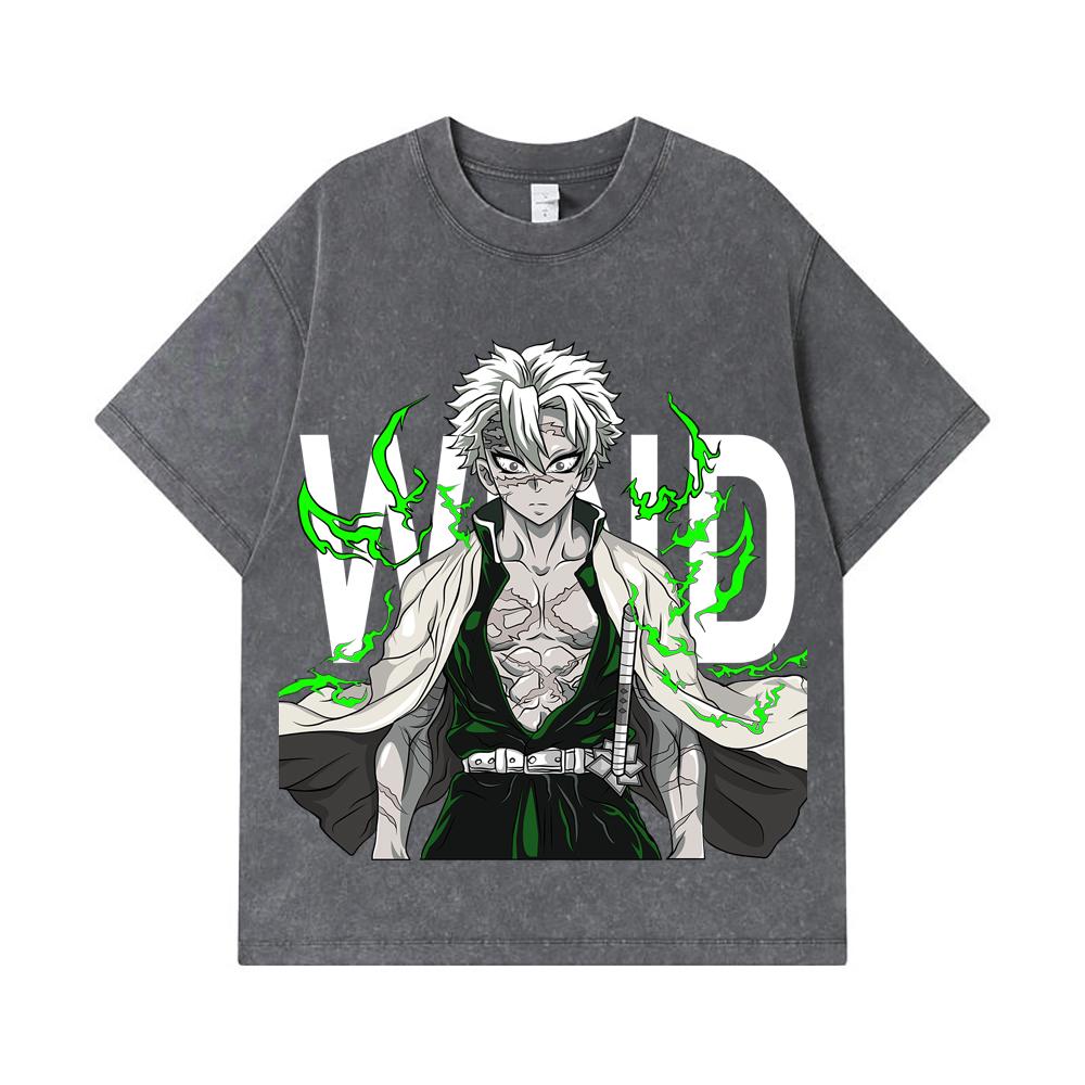 275 GSM Gewassen T-shirts 100% Katoen Demon Slayer V115 Sanemi Print Unisex Zwaar Katoenen T-shirt
