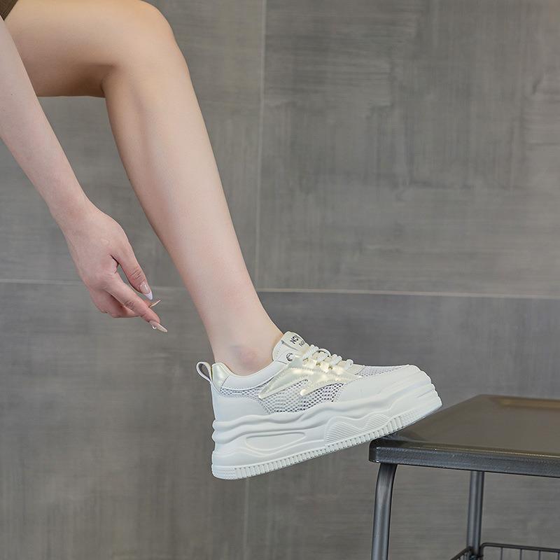 Inner Height Increase Casual Board Shoes Women's Summer New Leather Breathable Mesh White Shoes 7 Thick-soled Single Shoes
