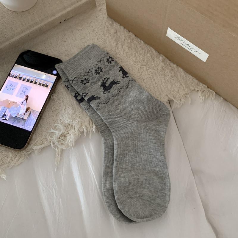 

Женские осенние новые винтажные хлопковые носки с лосем в тубе 1 pair светло-серый