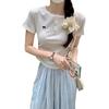 Gray Lace Front Shoulder Short-sleeved T-shirt Women's Summer New Pleated Card Waist Bow Short Top