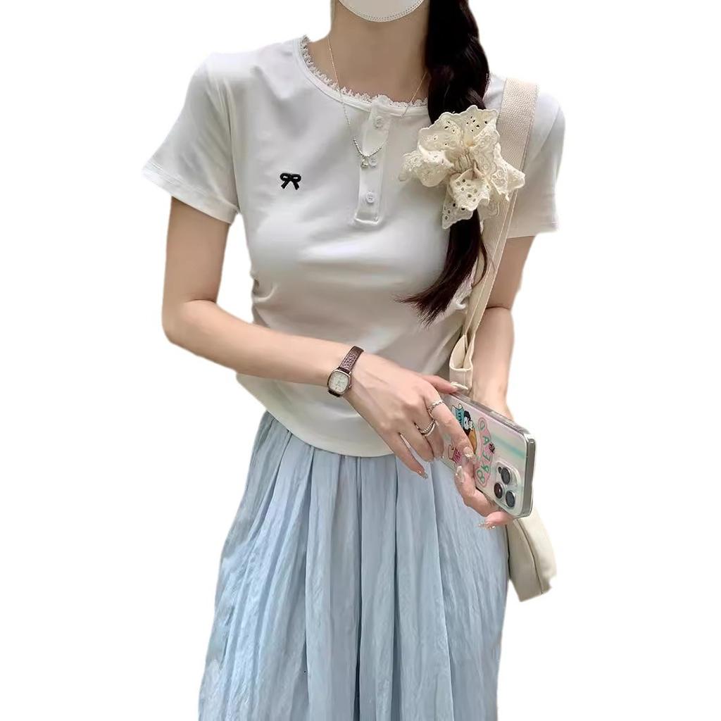Gray Lace Front Shoulder Short-sleeved T-shirt Women's Summer New Pleated Card Waist Bow Short Top