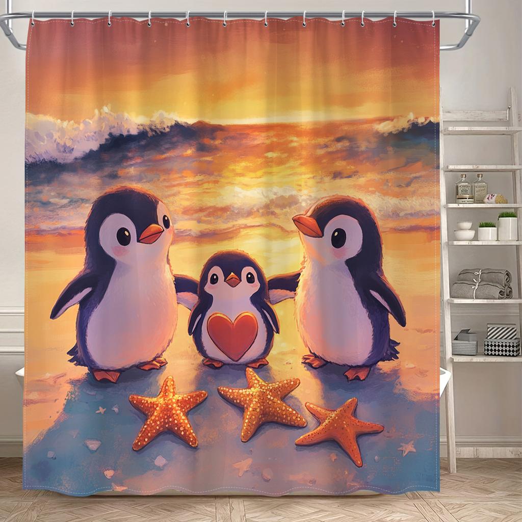 1pcs cute little penguin digital print shower curtain, polyester fabric, machine washable, stylish home bathroom decoration