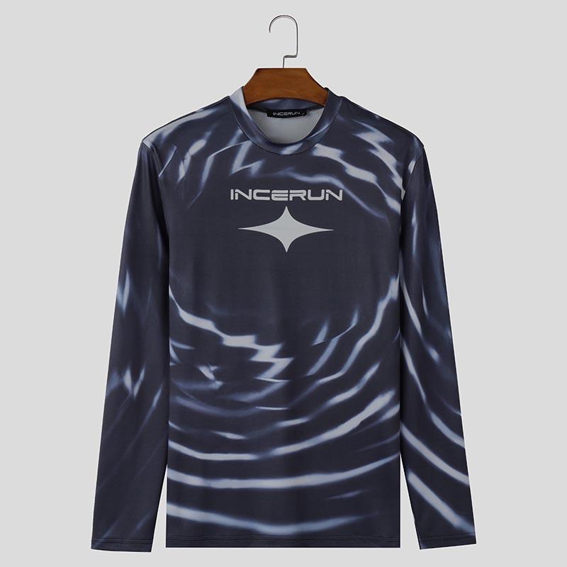 

INCERUN Мужские топы с воротником-стойкой и длинным рукавом с принтом, повседневные облегающие майки 3XL темно-серого