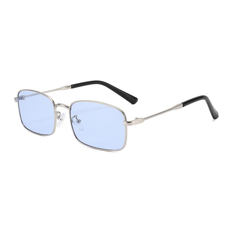 Retro Metal Frame Square Sunglasses For Men Uv400 Sunblock Travel Gear SilverFrameBlueLens