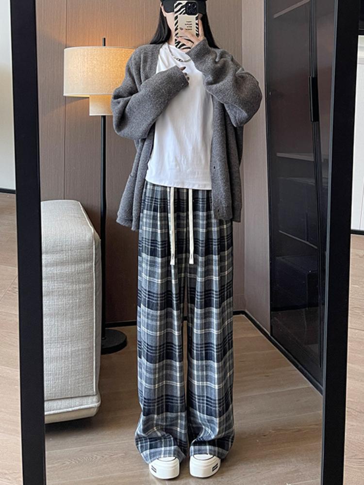 

Клетчатые брюки для женщин на весну и осень, с высокой посадкой, свободные и расслабленные, ретро повседневные брюки с широкими штанинами для женщин S серый