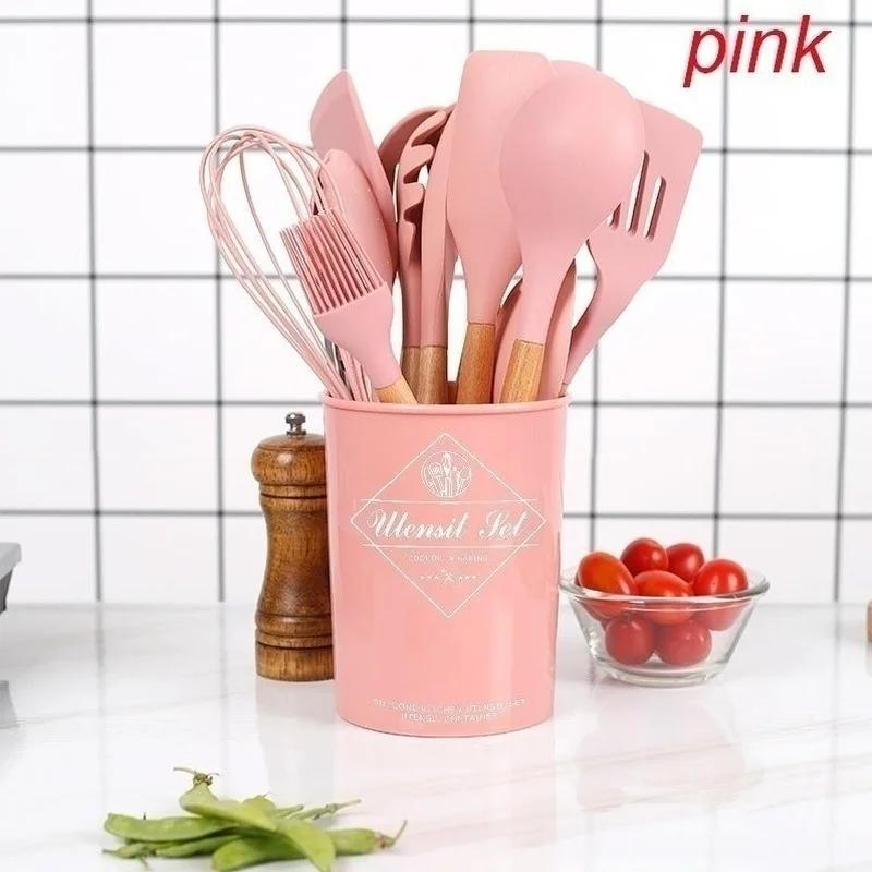 11pcs Wooden Handle Silicon Utensil Kitchen Tools Cookware Spatula Soup Spoon Brush Ladle Pasta Colander Non-stick Kitchenware