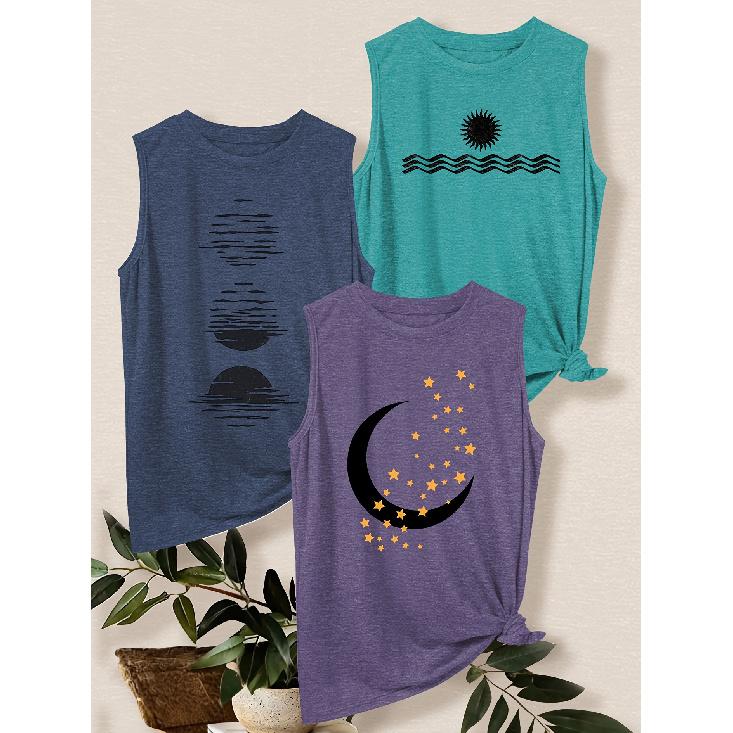 3Set of Tank Tops Sun, Moon, Stars, and Waves Print Loose Casual Vest T Shirt Retro-style Breathable, Comfortable, and Soft Fabric Spring and Summer