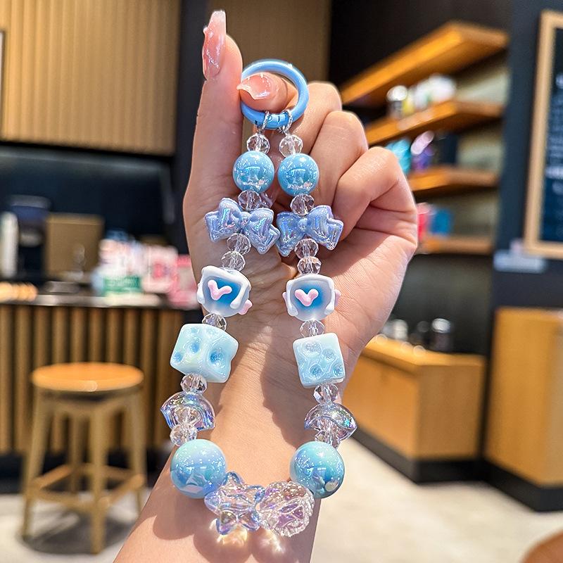 

New Bowknot Cheese Beaded Phone Chain Cute Handheld Decoration For Girls Car Keychain Bag Pendant Small Gift