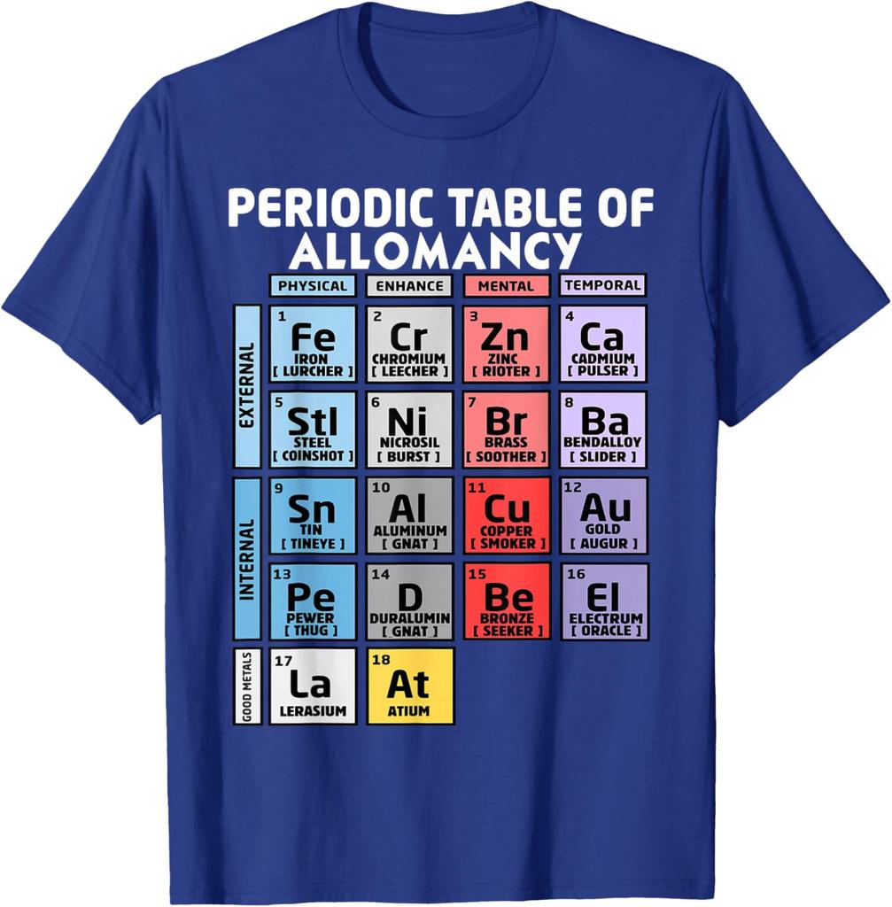 Periodic Table of Allomancy Metal Powers Graphic T-Shirt Casual Short Sleeve Cotton Crewneck Tee
