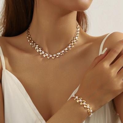 2 Adet/Set Kadın Kolye Bileklik Sahte İnci Süslemeli Geometrik Tasarım Ayarlanabilir Uzunluk Gül Altın Rengi Kolye Bileklik Seti