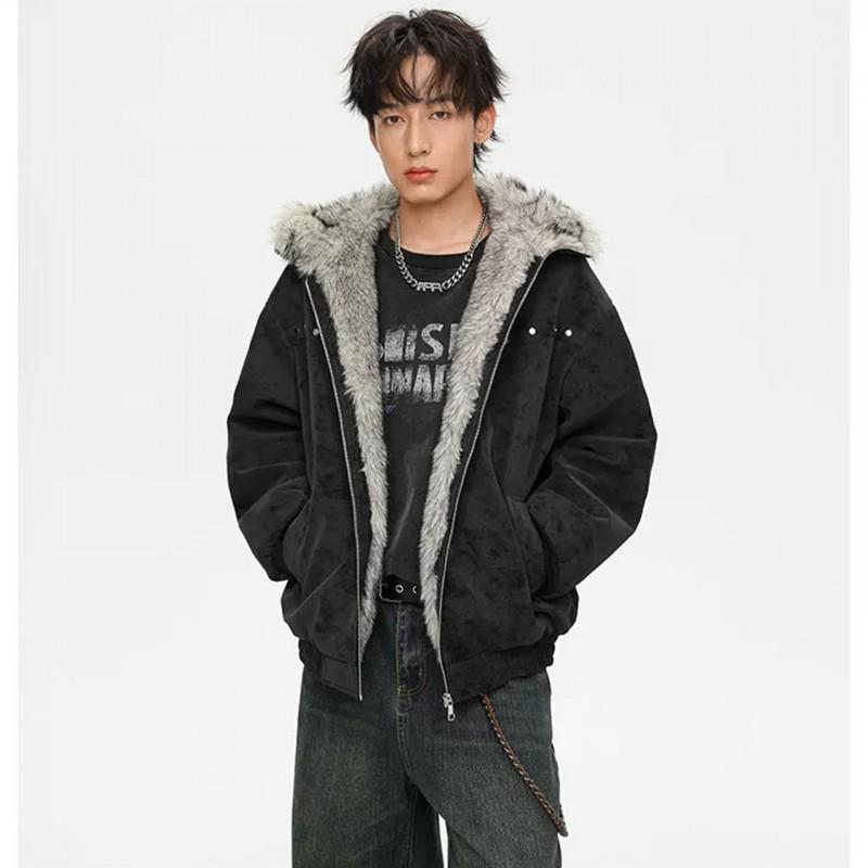 Mens Hooded PU Leather Cotton Jacket Rivet Decor Winter Warm Loose Coat
