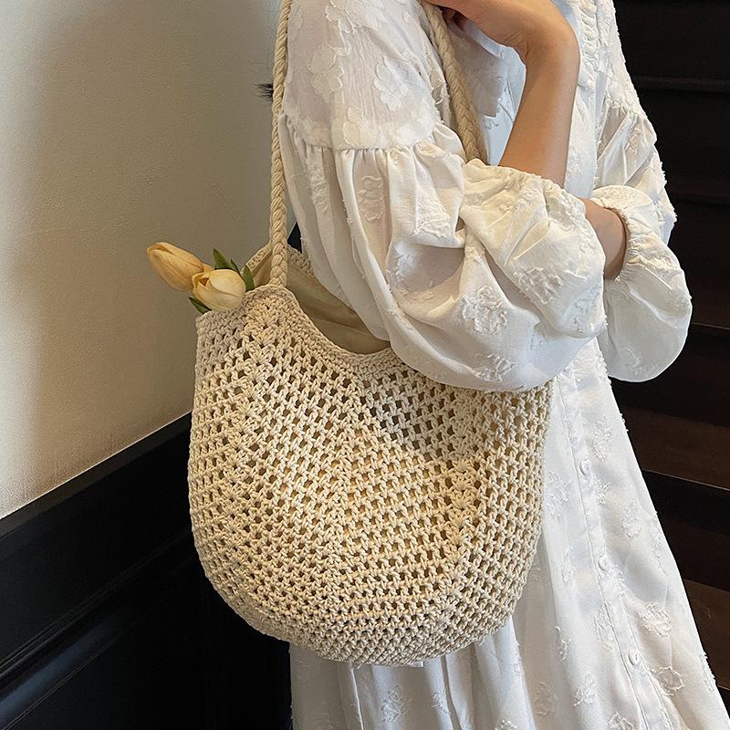 Sommer Neue Ausgeschnittene Eimer Tasche, Einzelne Schulter Baumwollgewebte Tasche, Handtasche mit Großem Fassungsvermögen, Modische Strandtasche für Damen