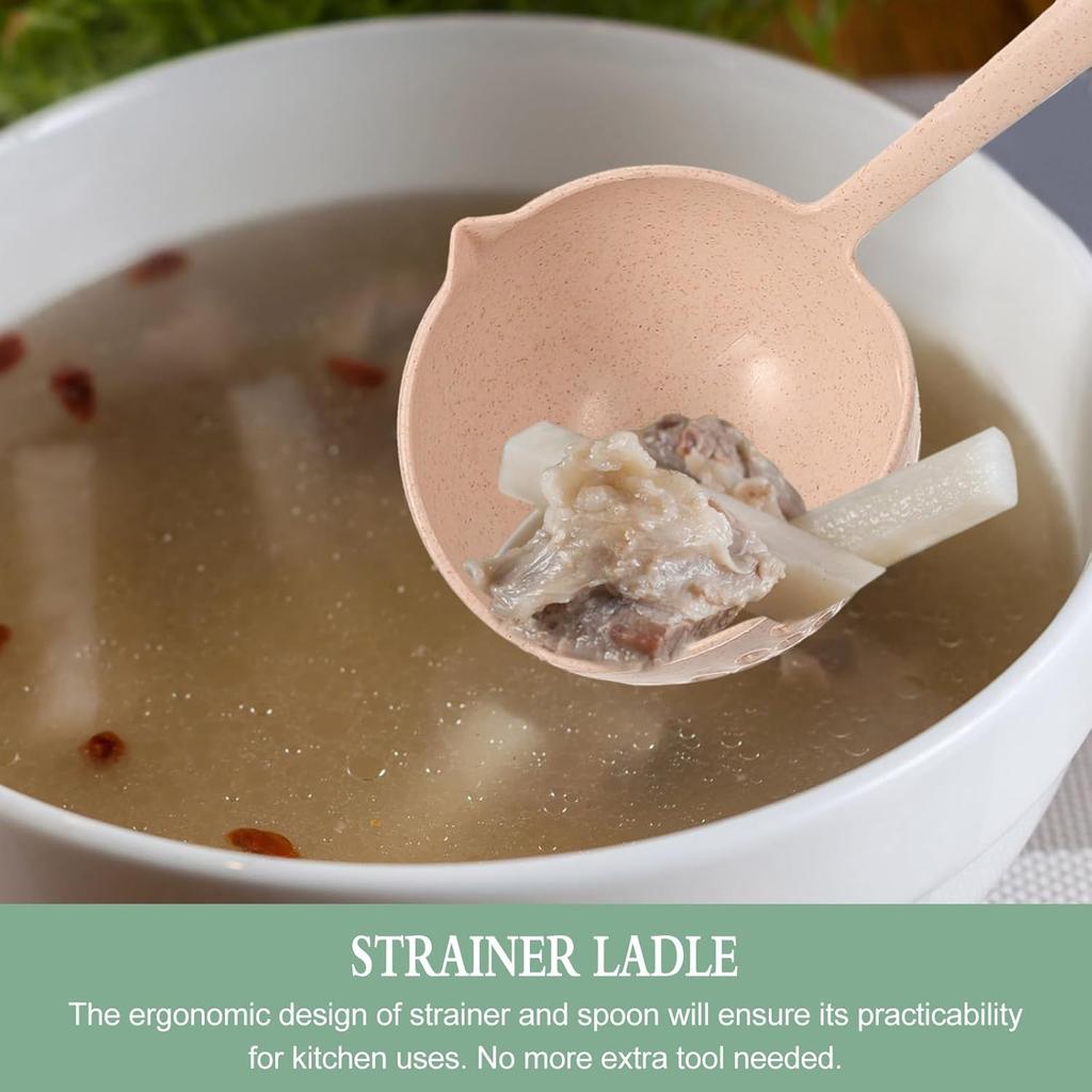 1 Piece 2 in 1 Soup Spoon Wheat Straw Long Handle Soup Spoon Kitchen Straining Ladle Soup Pan Spoon with Filter Strainer YY077