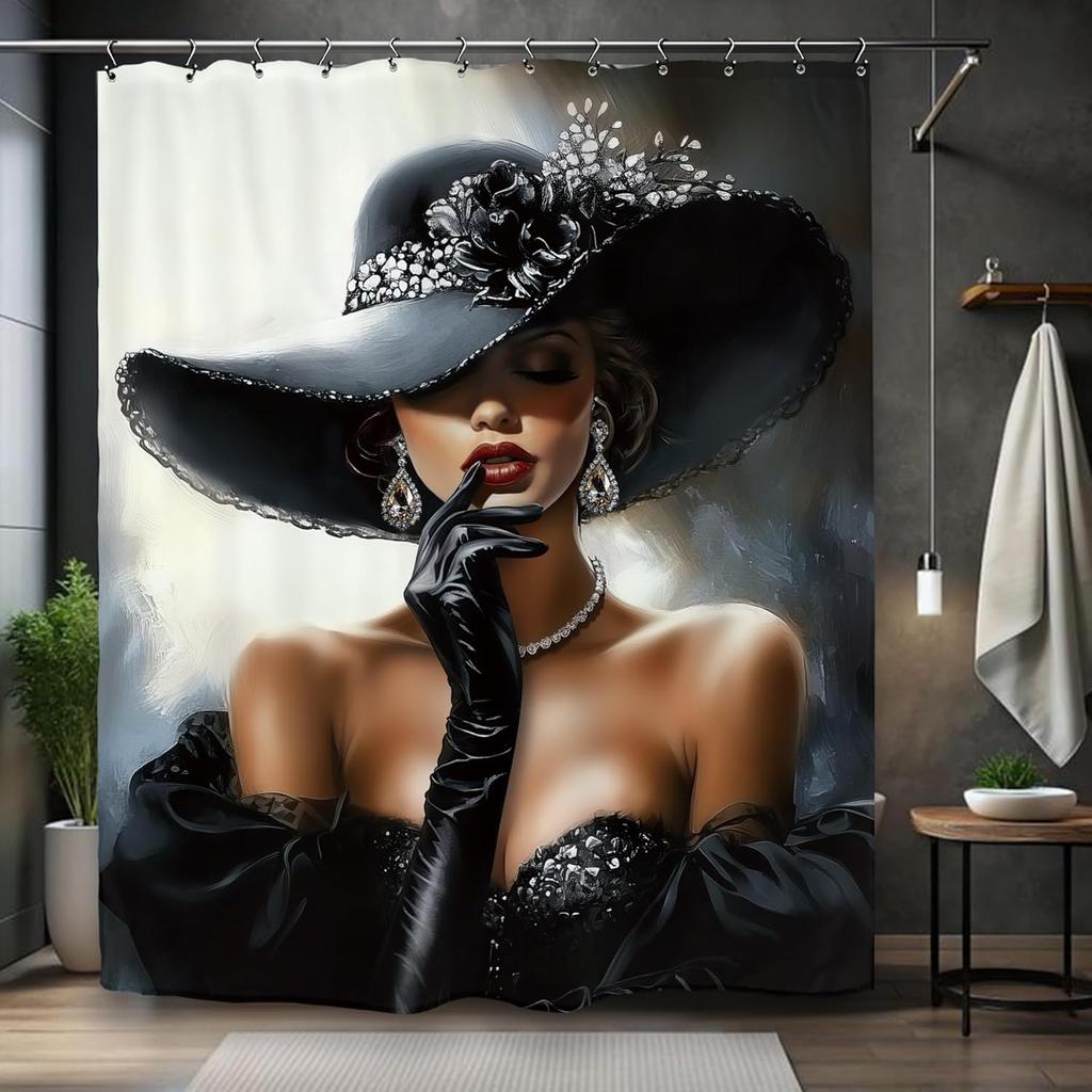 African American Olive Green Shower Curtain Black Girl Flower Oil Painting Art Bathroom Accessories Decoration with 12 Hooks