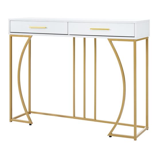 Console Table with 2 Drawers Light Luxury Modern Metal Golden Frame Living Room Farmhouse Long Hallway Table Behind Sofa Narrow Entryway Table