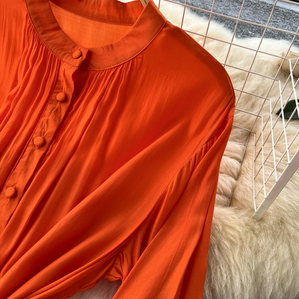 Frenchic Vintage Maxi Dress Women Stand Collar Lantern Sleeve Lace-up Female A-line Elegant Dresses Spring Autumn