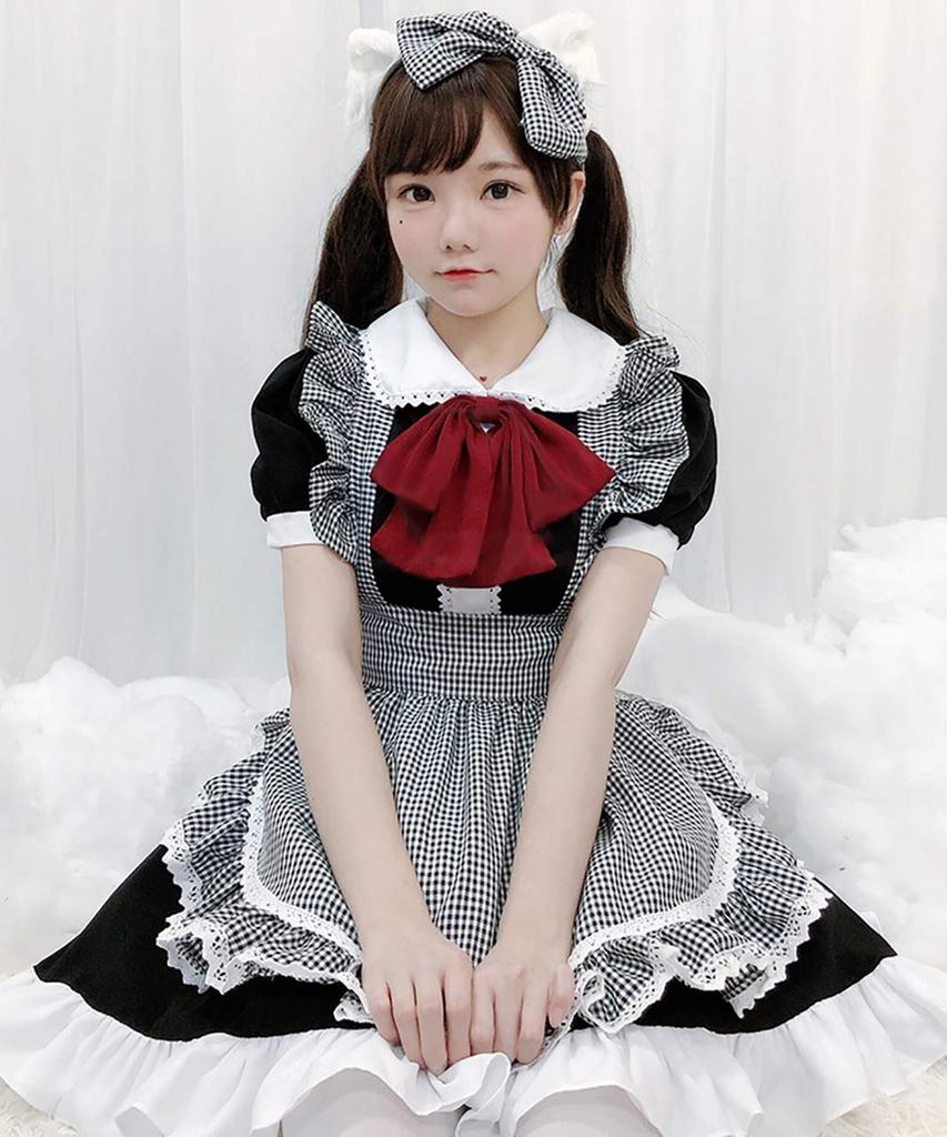 Milky Time Dámske Lolita Služobné Šaty s Mašľou, Volánmi, Zástrou a Kockovaným Vzorom, Cosplay Kostým (Veľkosť L)