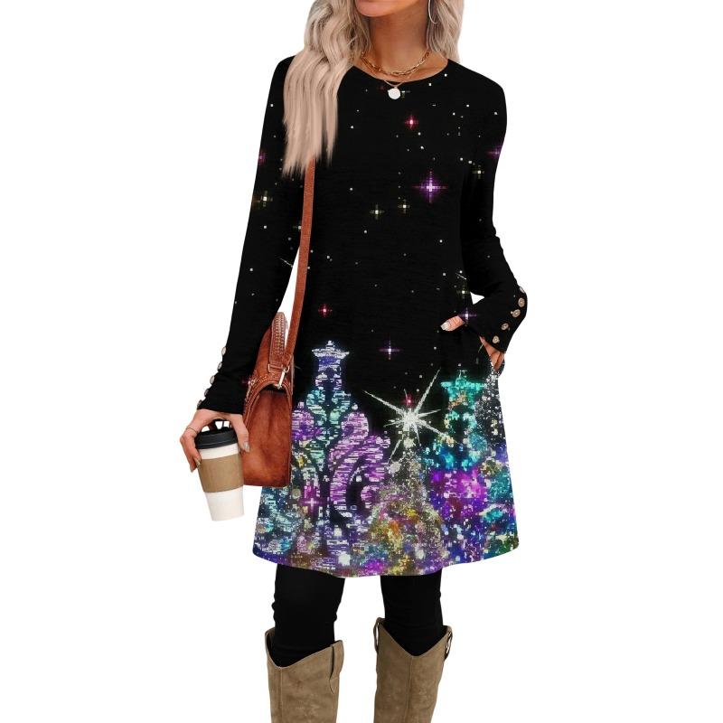 Women'S Dress Christmas Long-Sleeved Dresses Printed Round Neck Fashion Casual Dresses Pockets Decorative Buttons Autumn Winter