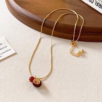 Titanium Steel Agate Beaded Oil Dripping Pomegranate Pendant Necklace Women'S Retro Light Luxury Sweater Chain Niche Design Accessories
