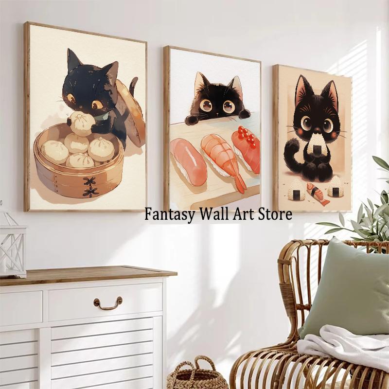 Vintage Japanese Cat Eat Ramen Sushi Maneki Neko Poster Kitchen Wall Art Apanese Cat Neko Wall Decor Canvas Painting Restaurant