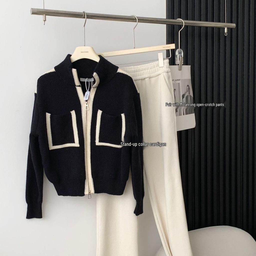 Women's Slim Fit Color Block Knitted Sweater with Stand Collar and Double-Head Zipper